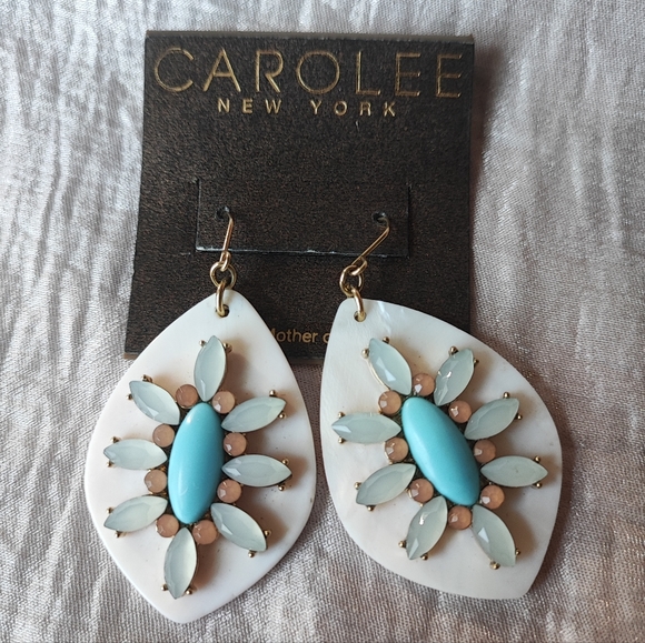 Carolee New York Mother of Pearl Faux Turquoise Seafoam Stones Pierced Earrings - Picture 1 of 13